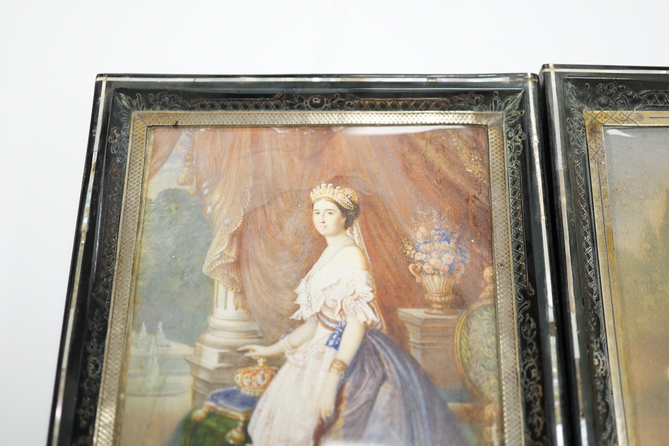 A pair of mid 19th century watercolour miniatures on ivory, Queen Victoria and three figures wearing 17th century dress, housed in inlaid and ebonised frames, 13 x 9cm CITES Submission reference 644V5FRS
